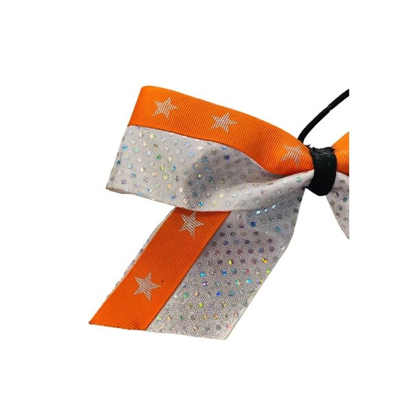 Girls Oversize Hair Bow 8" Elastic Ponytail Silver Orange Star Print - Picture 10 of 16